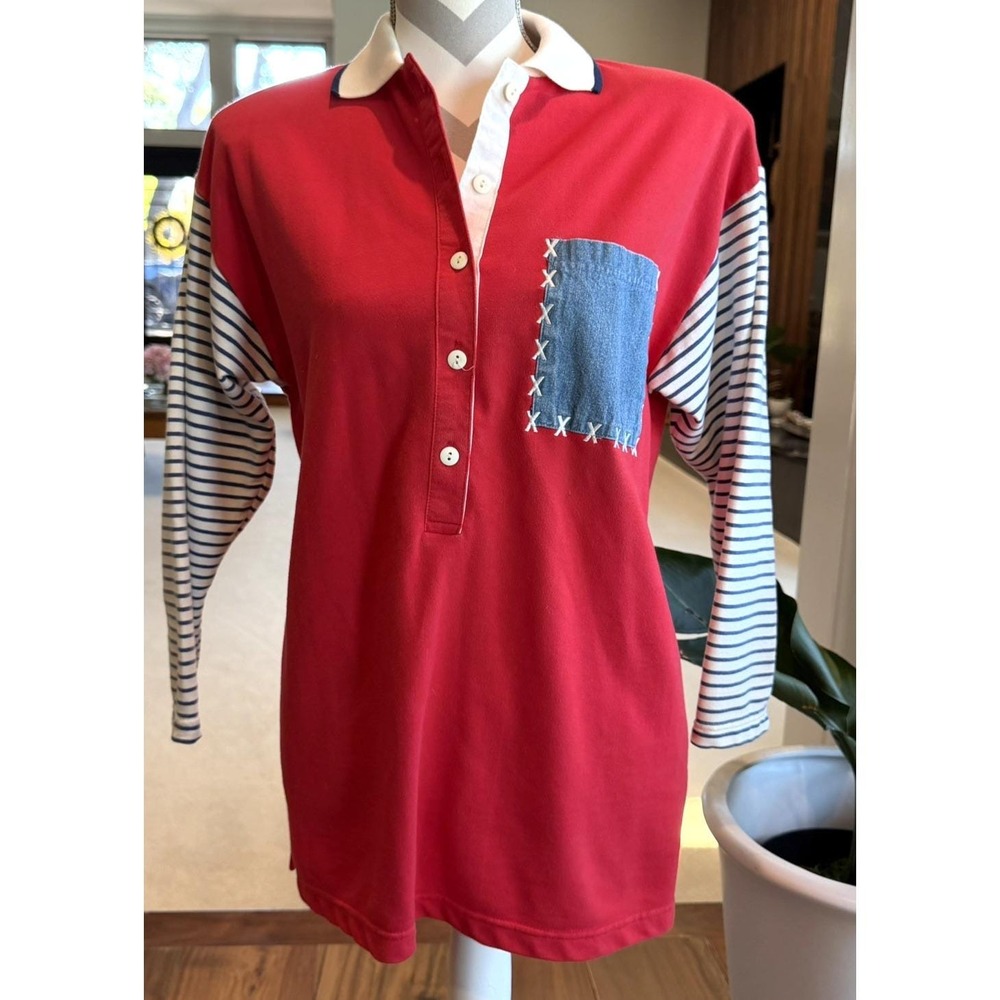Vtg 90s Kort City Blues Petite Small Red Polo Tunic Top Striped Denim Patch